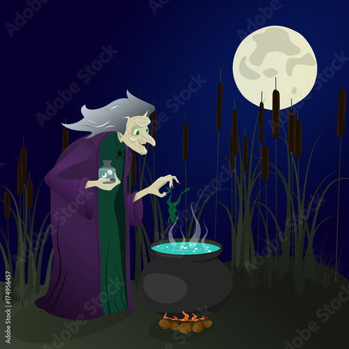 witch in the swamp brews potions. halloween. vector illustration