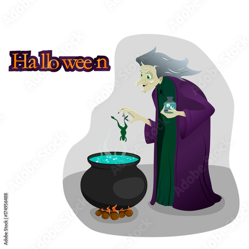 witch brews potions. halloween. vector illustration