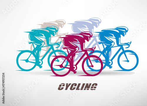 cycling race stylized background, cyclist vector silhouettes