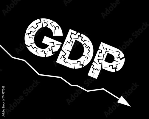 Decline and decrease of GDP ( Gross domestic product ) - failure and breakdown of economy and finances leading to financial crisis and trouble. Vector illustration of graph, chart and diagram