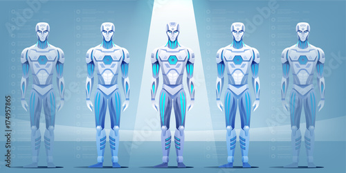 Robot assembly line producing cyborg in factory.