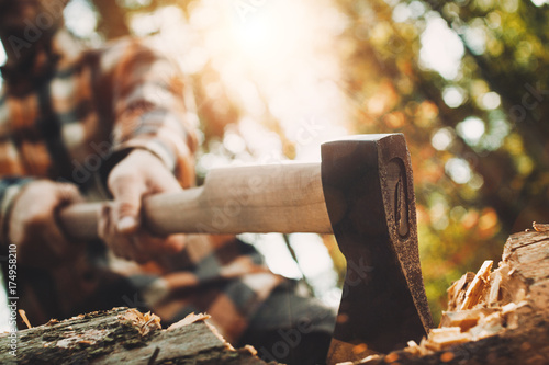 Strong lumberjack in plaid shirt holding ax in his hands and chopping tree in forest. Axe close up. Blurred background, lens flare effect photo