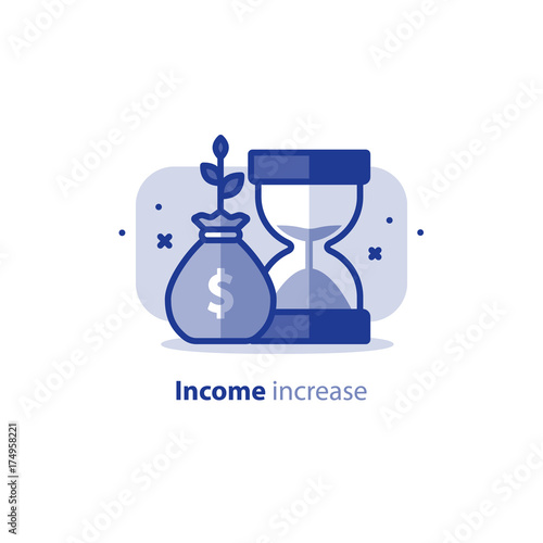 Compound interest, time is money, financial investments stock market, future income growth, revenue increase, money return, pension fund plan, savings account, vector icon