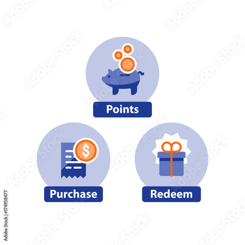 Loyalty program concept, earn points, win gift, shopping incentive, flat icons