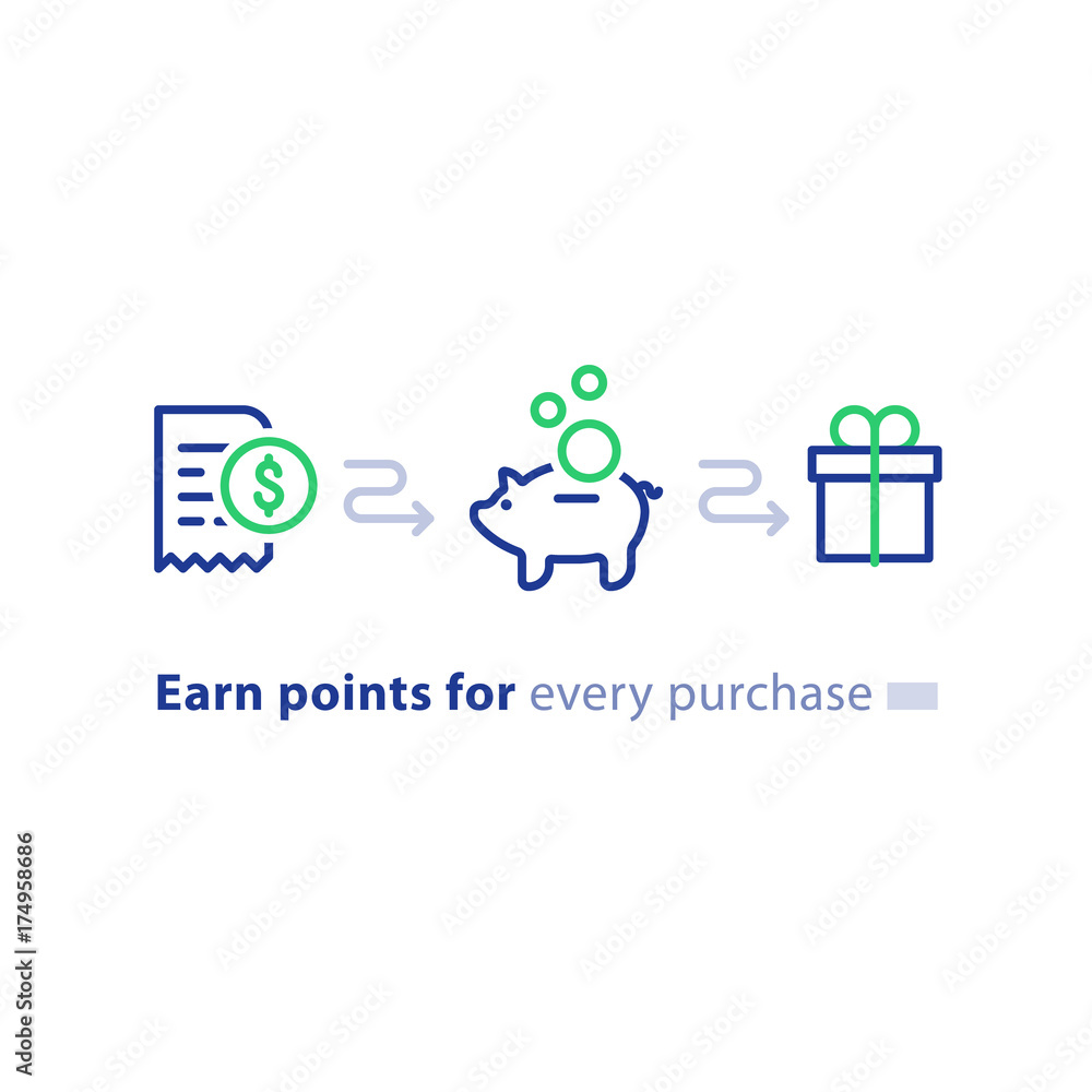 Loyalty program concept, earn points, win gift, shopping incentive, line icons Loyalty program concept, earn points, win gift, shopping incentive, line icons