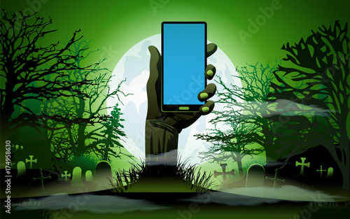 Halloween background. Zombie Hand holding the phone