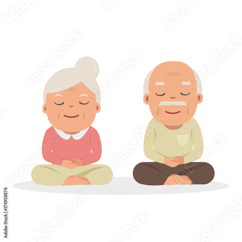 grandparents doing yoga exercise. Vector cartoon illustration. Yoga for grandparents.