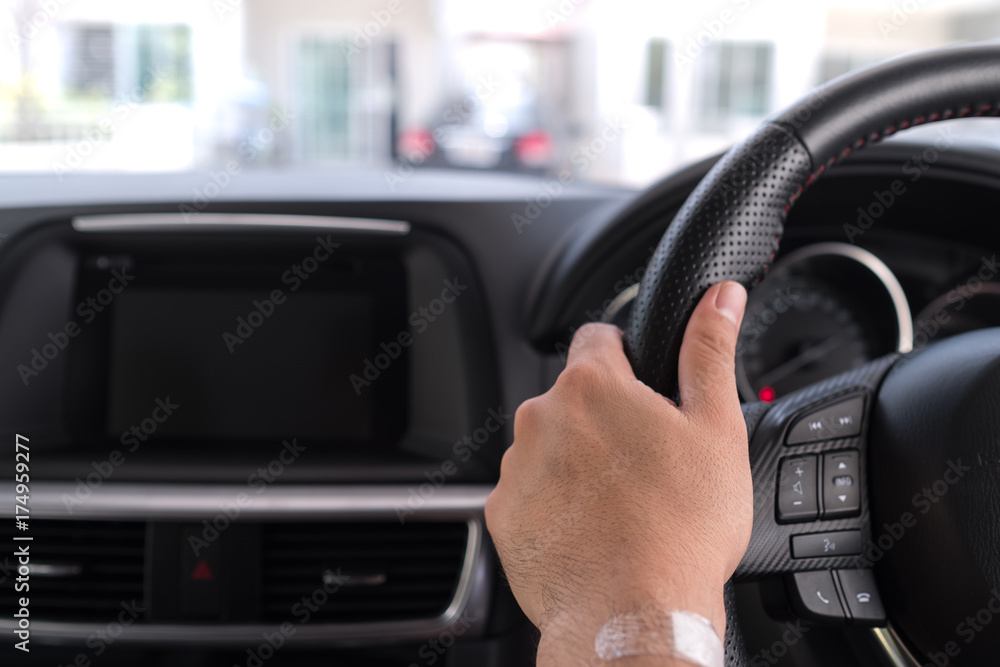 Modern car interior dashboard and steering wheel