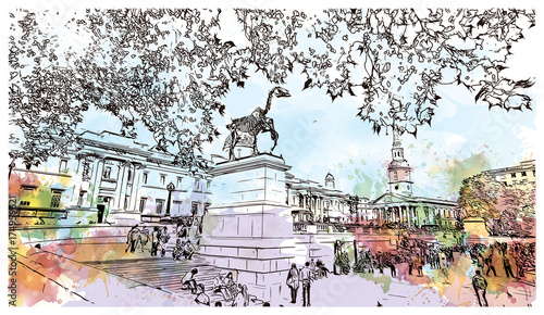 Watercolor sketch of National Museum London, the capital of England and the United Kingdom in vector illustration.