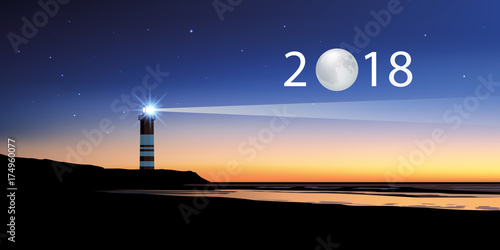 2018 - carte de vœux - direction - objectif - phare - lune - année - repère - concept