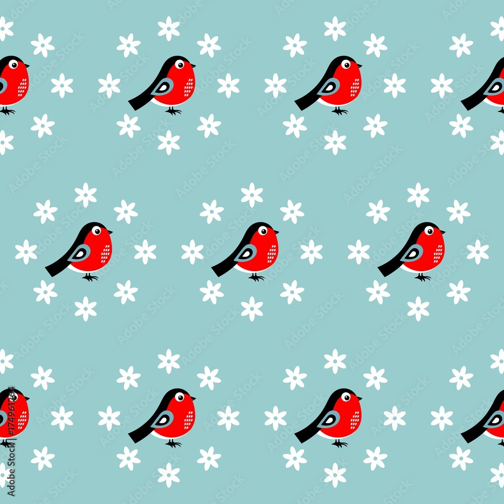 Fototapeta premium Christmas pattern with bullfinches. Vector illustration