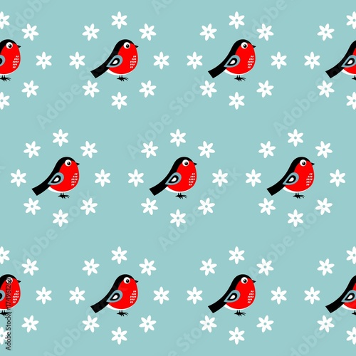 Christmas pattern with bullfinches. Vector illustration