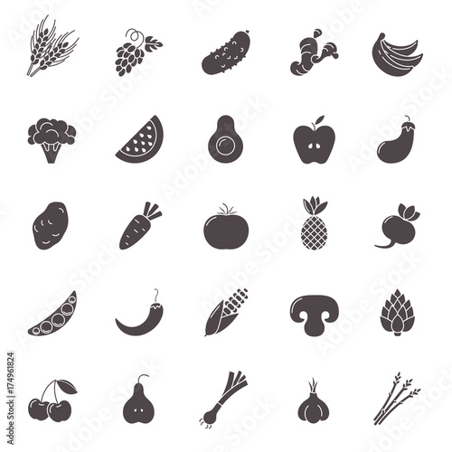 Fototapeta Naklejka Na Ścianę i Meble -  Fruit and Vegetables icon set. Vegan natural bio pictograms. Artichoke, asparagus, wheat, bananas, grapes, leeks, garlic, ginger and others organic food signs.