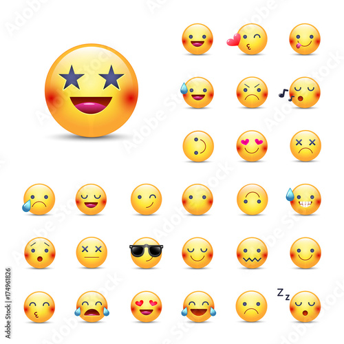 Smileys icon set. Emoticons pack. Happy, merry, singing, sleeping, ninja, crying, eyes in the form of stars, in love and other round yellow emoji face. Large collection of smiles