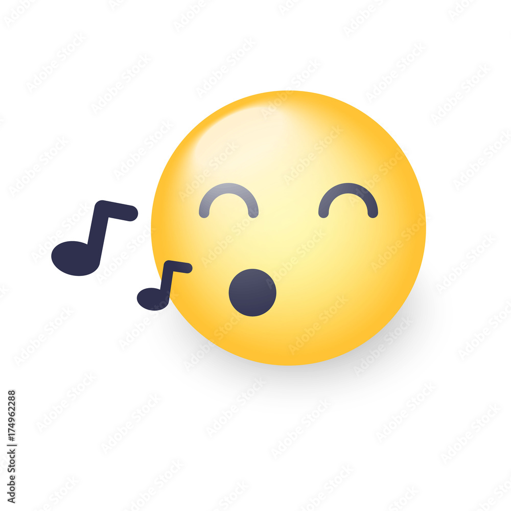 Singing smiley face. Emoji whistles a song. Cartoon emoticon with notes