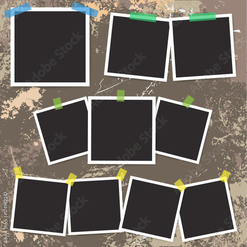 Set of vintage photo frame with adhesive tape on grunge background.