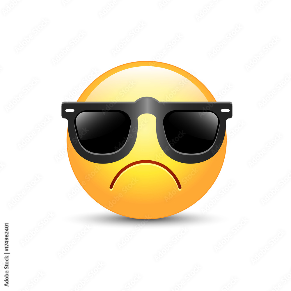Angry emoji face with sunglasses. Cute sad emoticon wearing black sunglasses Angry emoji face with sunglasses. Cute sad emoticon wearing black sunglasses