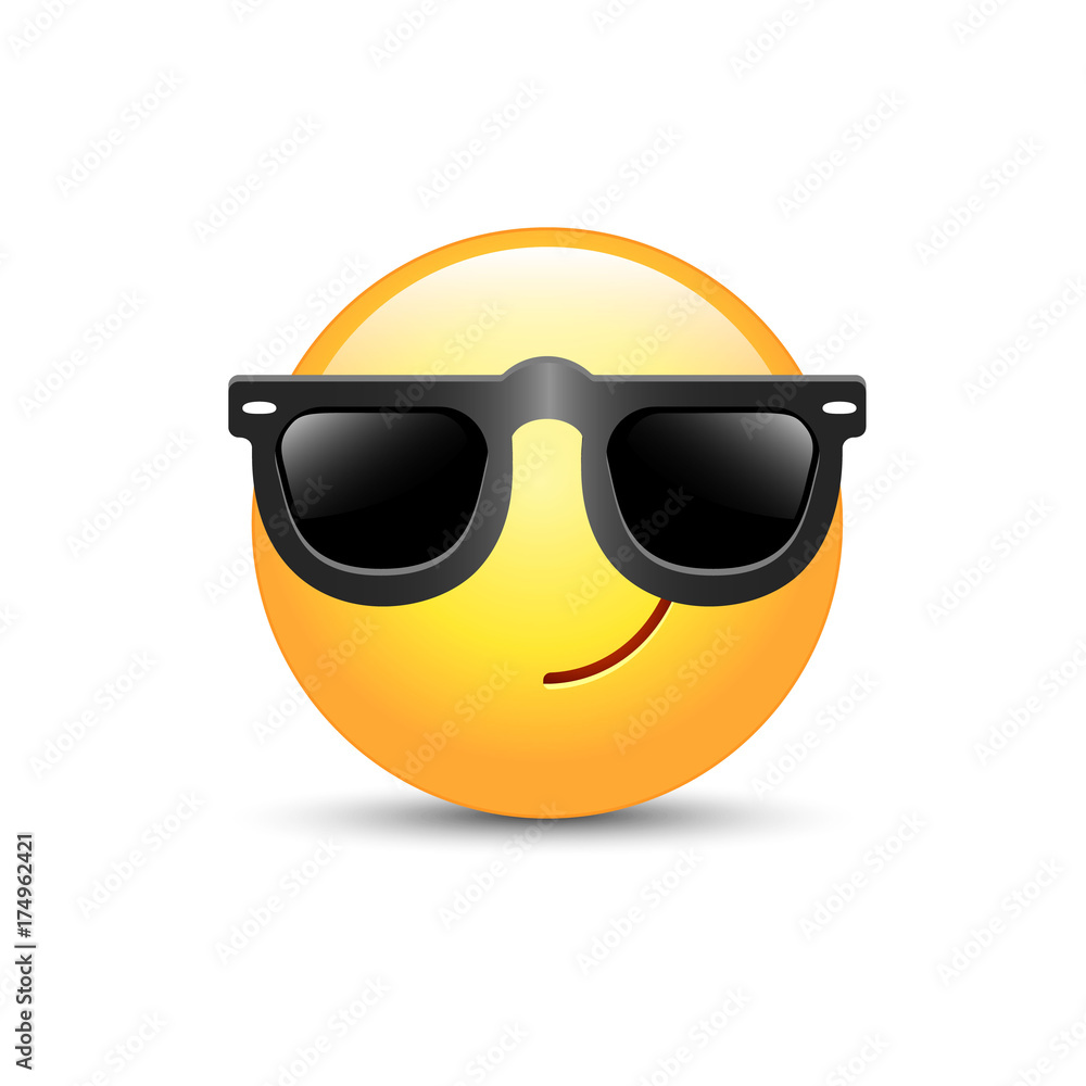 Cartoon emoticon wearing black sunglasses. Happy cute emoji. Smiley on ...