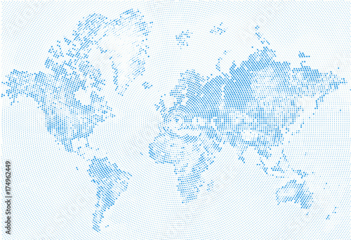Abstract Dotted Map Blue and White Halftone grunge Effect Illustration. World map silhouettes. Continental shapes of dots. Monochrome radial circular grain background. Vector template easy to edit.