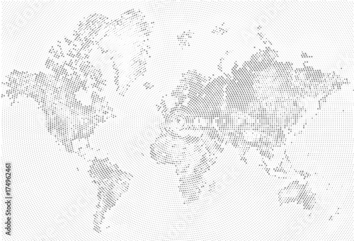 Abstract Dotted Map Black and White Halftone grunge Effect Illustration. World map silhouette. Continental shapes of dots. Monochrome radial circular grain background. Vector template easy to edit.