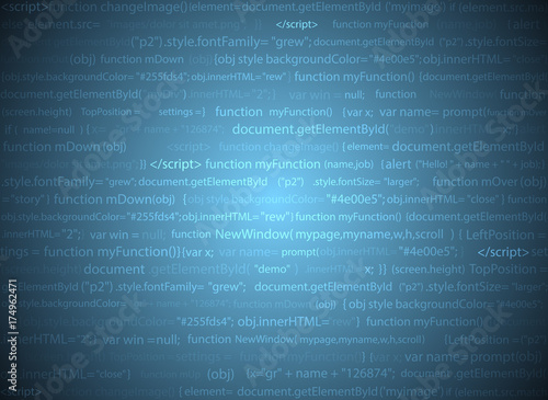 Software web design blue background. Site developer javascript programming code. Abstract computer webpage script. Random parts of program code. Vector database illustration.