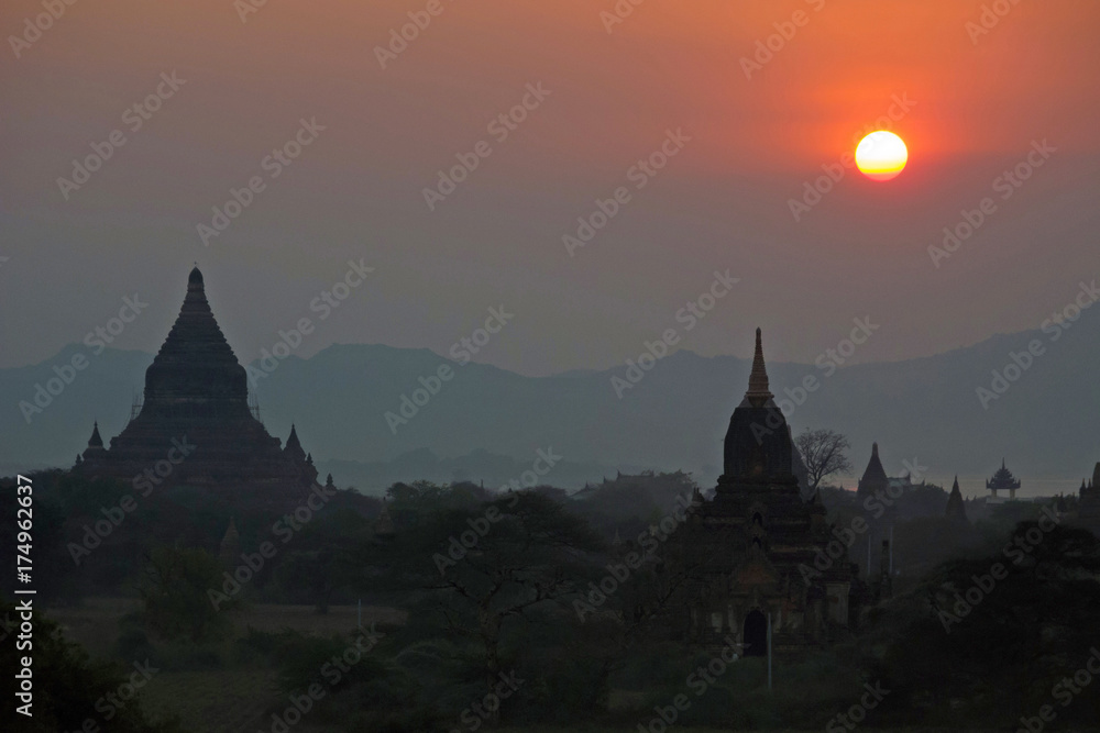 Myanmar Bagan pagodas temples overview sunset