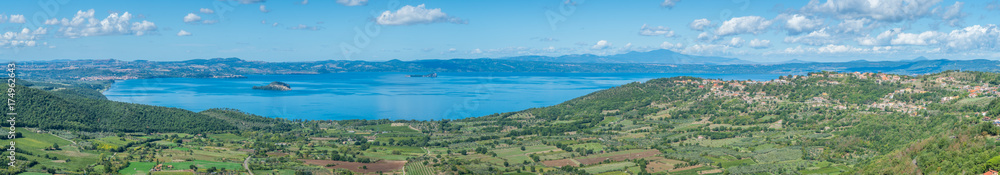 Panoramic sight on the Bolsena Lake from Montefiascone, province of Viterbo, Lazio, central Italy.