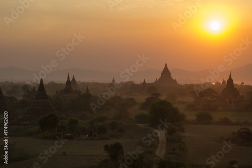 Myanmar Bagan pagodas temples overview sunset
