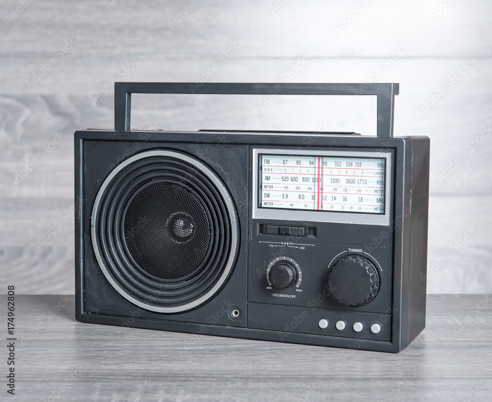 Vintage radio on wood table