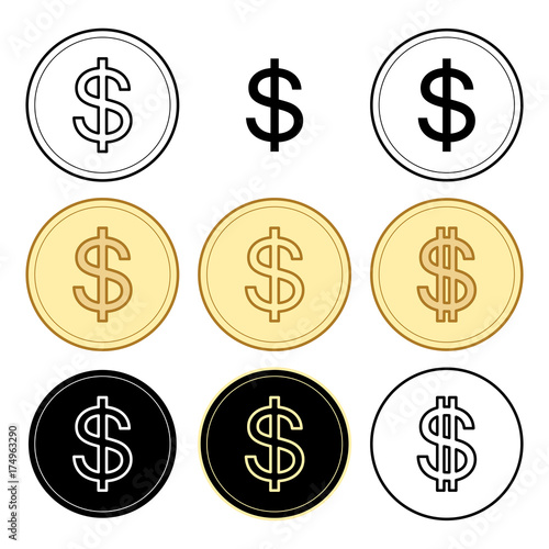 black and yellow dollars - vector set of coins