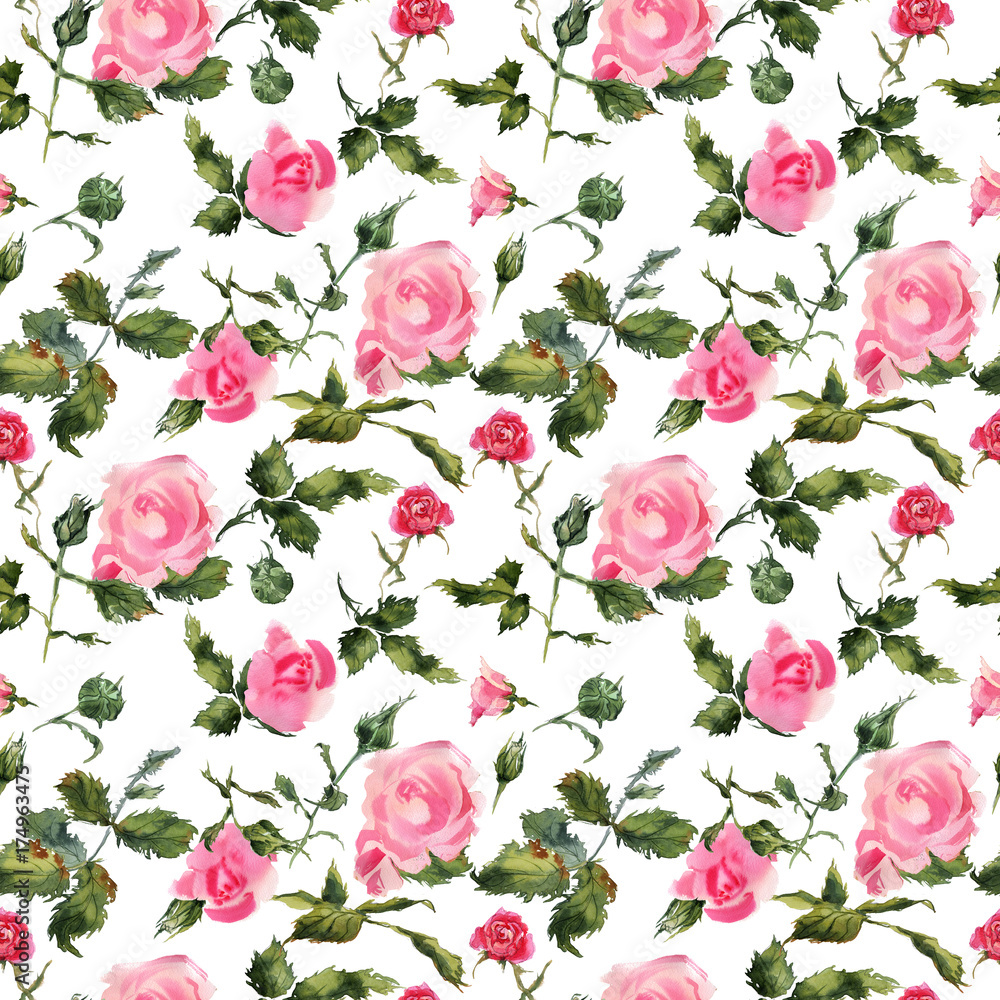 Rose flowers handmade watercolor seamless pattern gentle