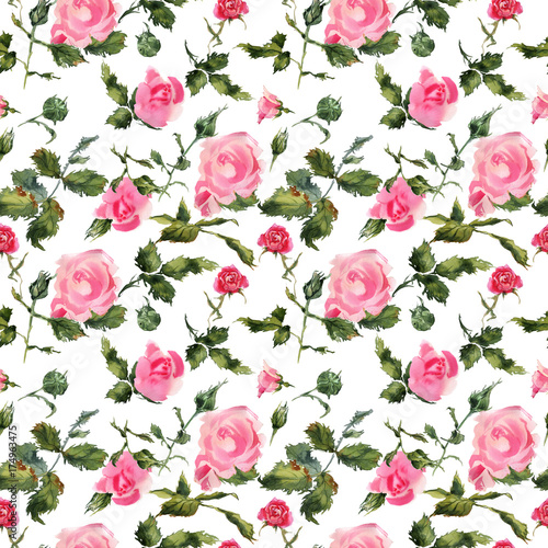 Fototapeta Naklejka Na Ścianę i Meble -  Rose flowers handmade watercolor seamless pattern gentle