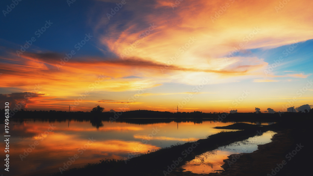 Natural Sunset, Bright Dramatic Sky And Ground. Landscape Under Scenic Colorful.