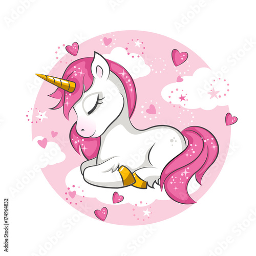 Cute magical unicorn. Vector design on white background. Print for t-shirt. Romantic hand drawing illustration for children.