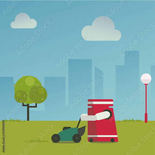 Domestic robot cutting grass with grassmower on a green lawn. Robotic gardening futuristic concept illustration vector.