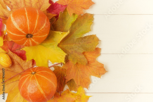 Pumpkins and colorful autumn leaves. Top view.