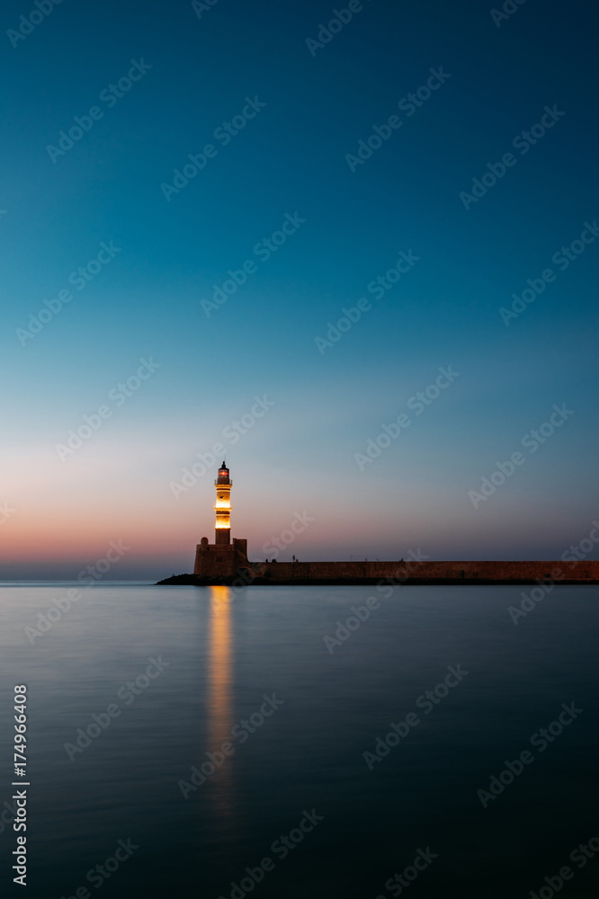 Sunset view of the lighthouse / old port of Chania in Crete, Greece