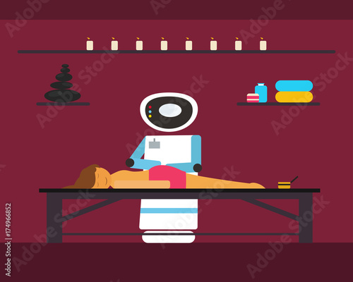 Domestic robot masseur giving spa to beautiful young woman. Personal robot assistance futuristic concept illustration vector.