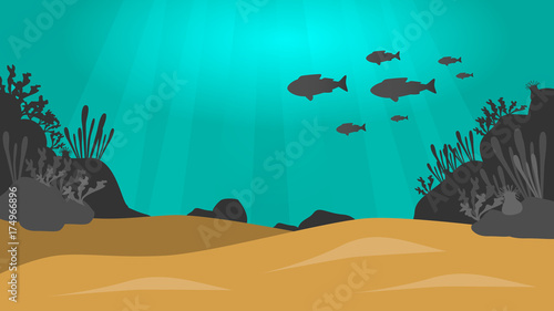 under the sea vector background with sand, fish, rocks and plants silhouettes and sun beams
