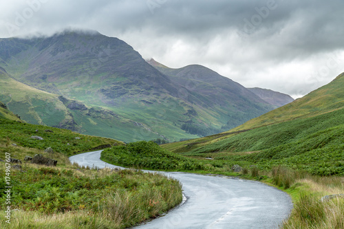 View of the road through Honister Pass, Lake District UK