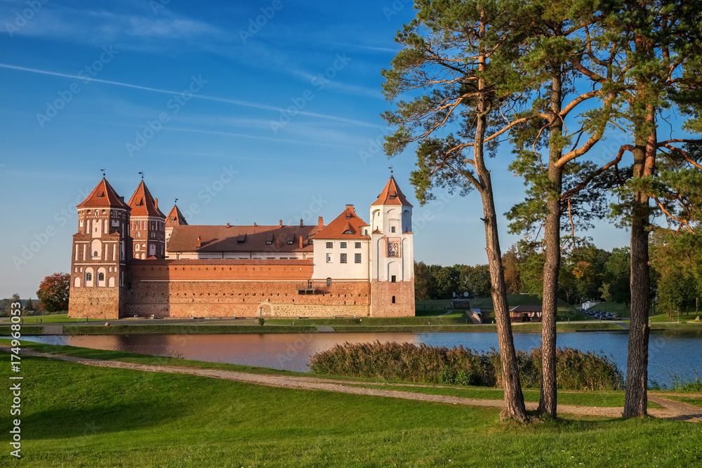 Belorussian tourist landmark attraction Mir Castle at summer season..