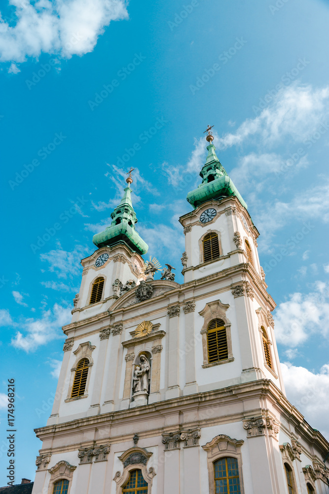 Street view and facade of the Saint Anne church in Budapest the capital city of Hungary