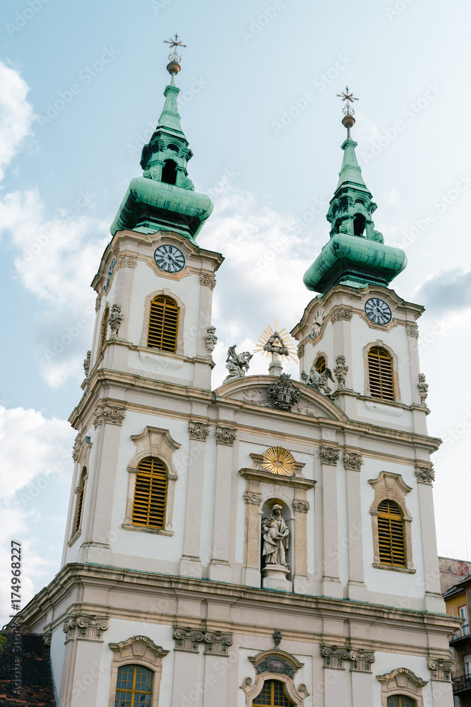 Street view and facade of the Saint Anne church in Budapest the capital city of Hungary