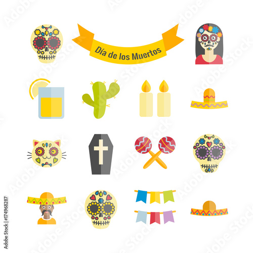Mexican the Day of the Dead (Dia de los Muertos) vector flat icons set