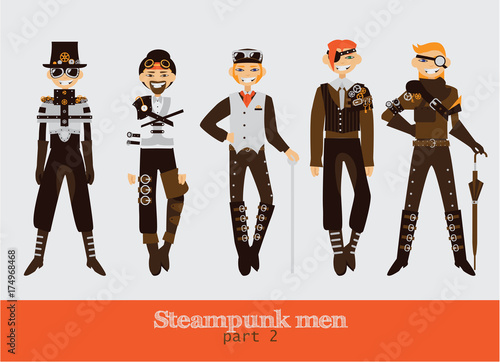 Vector set with steampunk man cartoon flat characters