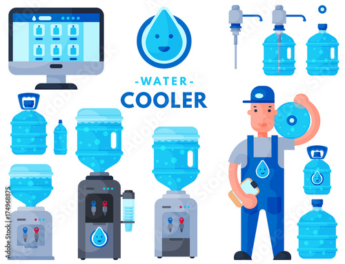 Water delivery service man character in uniform and different water bottle vector elements.