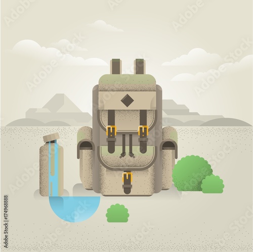 backpack and water bottle in the mountain illustration