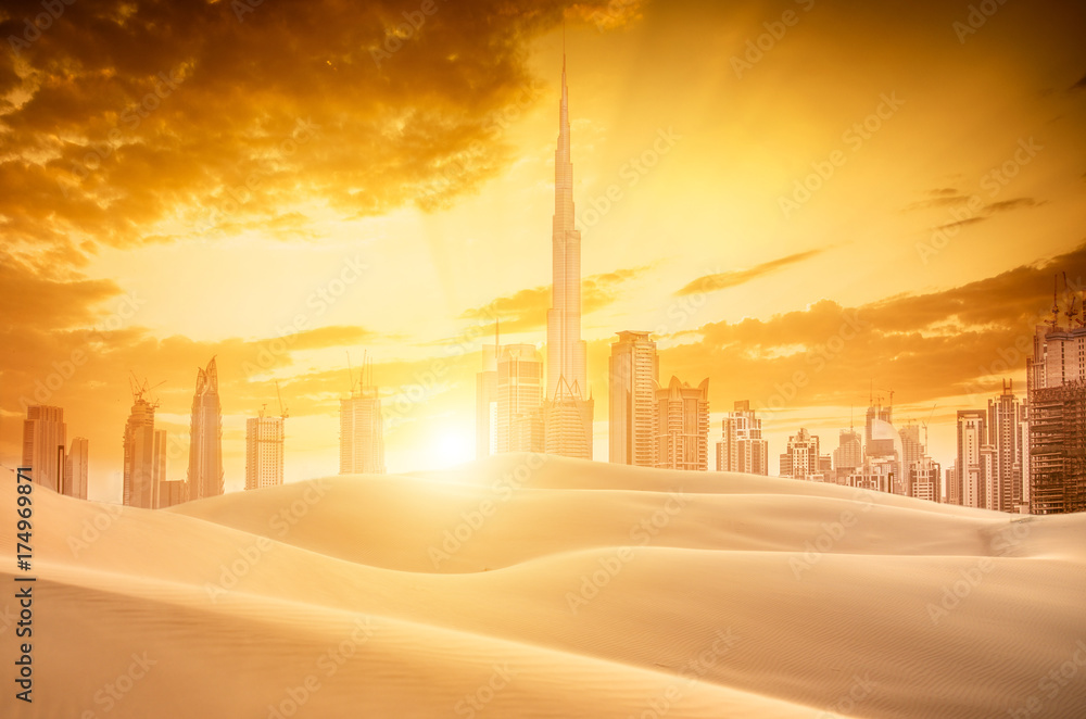 Obraz premium Widok na panoramę Dubaju i pustynię
