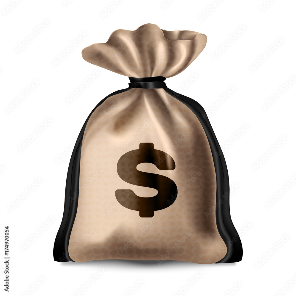 Vettoriale Stock Beautiful, realistic cloth bag with money and dollar sign.  Beige color with linen texture and brown leather belts | Adobe Stock