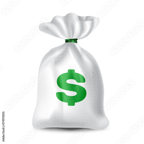 Beautiful, realistic cloth bag with money and dollar sign. White color with linen texture 